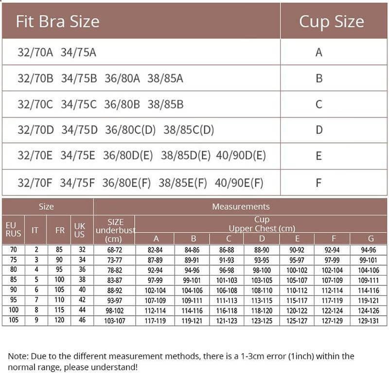 Size Chart For Plus Size Front Closure Strapless Padded Stick On Bra