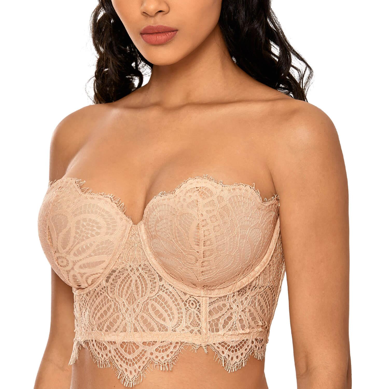 Lace Front Closure Push Up Strapless Bra With Eye Hook, Adjustable