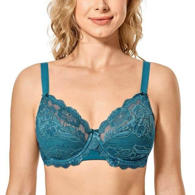 Curve Muse Women's Plus Size Add 1 and a half Cup Push Up Underwire Lace  Bras -2PK-Dk Green,Nude-42B 