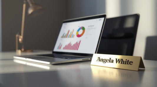 A conceptual and empowering photo of a stylish office desk. On the desk, a modern laptop is open showing graphs and charts. In front of it, a tasteful and elegant black lace bra (size 36F) is laid neatly next to a framed Master's degree dip