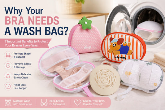 Bra wash bags and protectors beside a washing machine, showing how to protect bras and delicate lingerie during washing.
