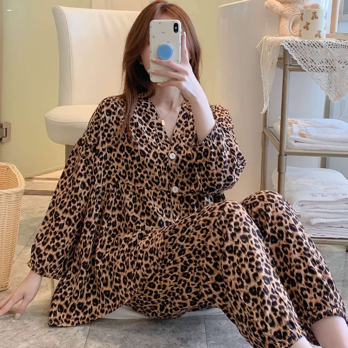 Cotton Poplin Leopard Print Pajamas Set