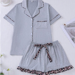 Cozy 2-Piece Short Pajama Set with Leopard Accent Bow Loungewear for Women