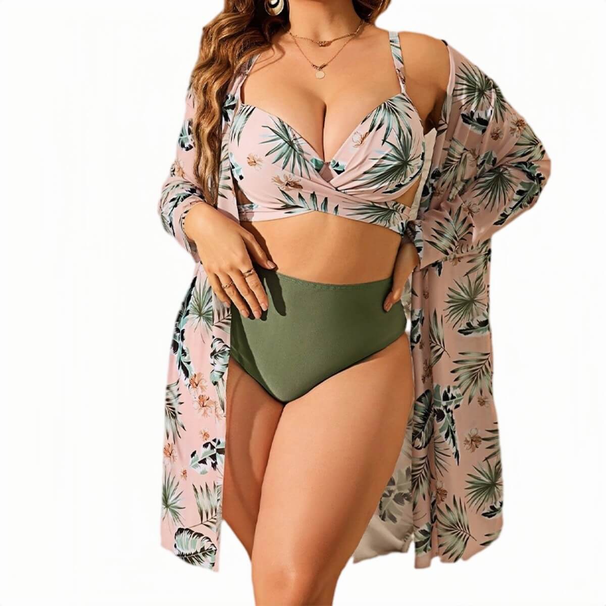 Curve Tropical Print 3-Piece Bikini Set with High-Waist Tummy Control Bottoms