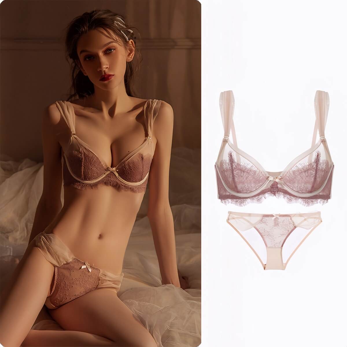 Elegant Lace Support Bra - Thin  Three-Quarter Cup for Bust Minimizing & Lift
