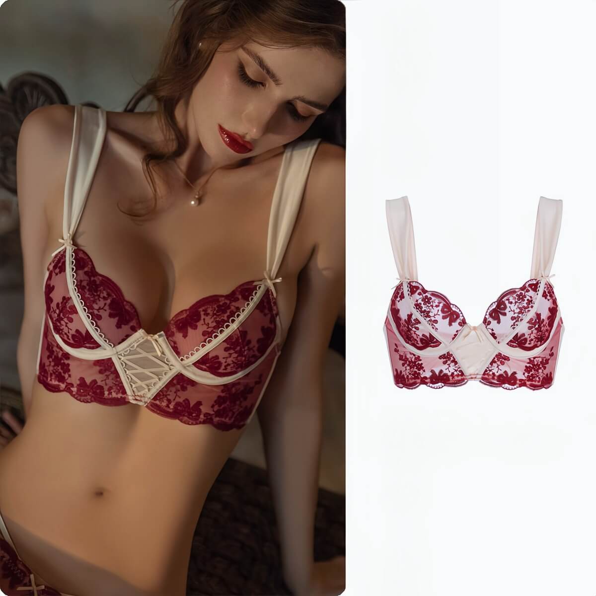 Elegant Lace Support Bra - Thin  Three-Quarter Cup for Bust Minimizing & Lift