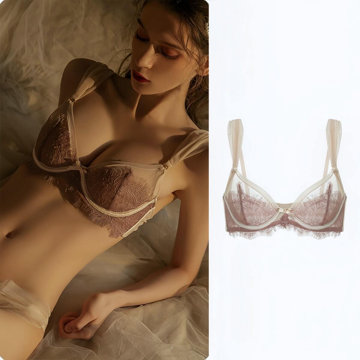 Elegant Lace Support Bra - Thin  Three-Quarter Cup for Bust Minimizing & Lift