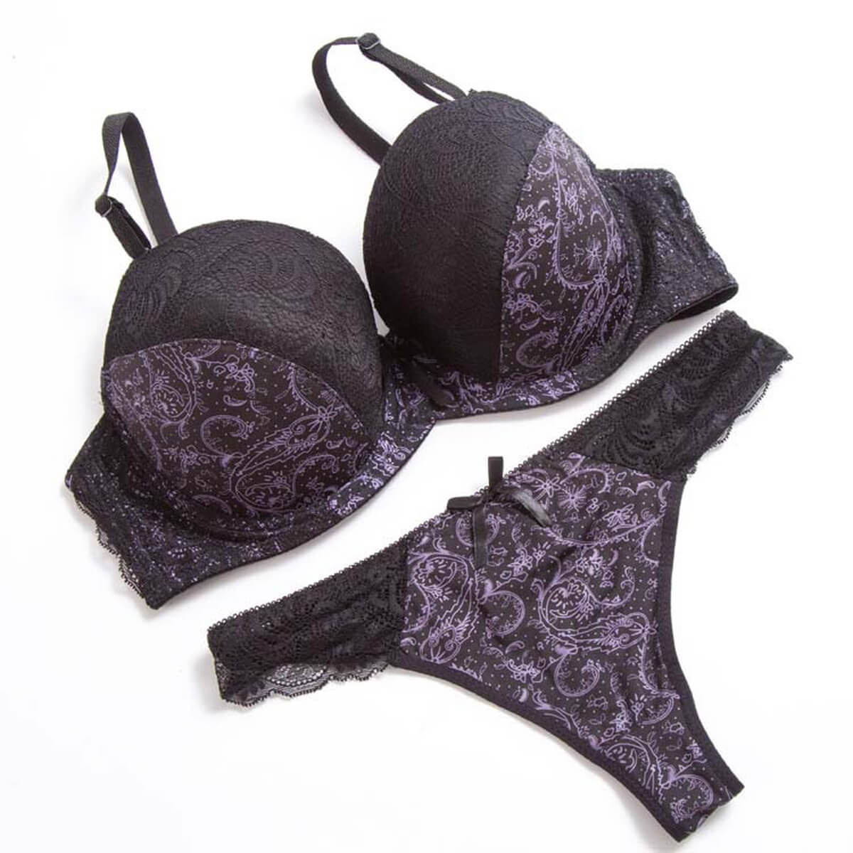 Floral Lace Underwire Bra & Thong Set - Padded Molded Cup Lingerie