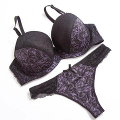 Floral Lace Underwire Bra & Thong Set - Padded Molded Cup Lingerie