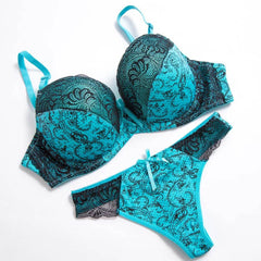 Floral Lace Underwire Bra & Thong Set - Padded Molded Cup Lingerie