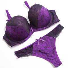 Floral Lace Underwire Bra & Thong Set - Padded Molded Cup Lingerie