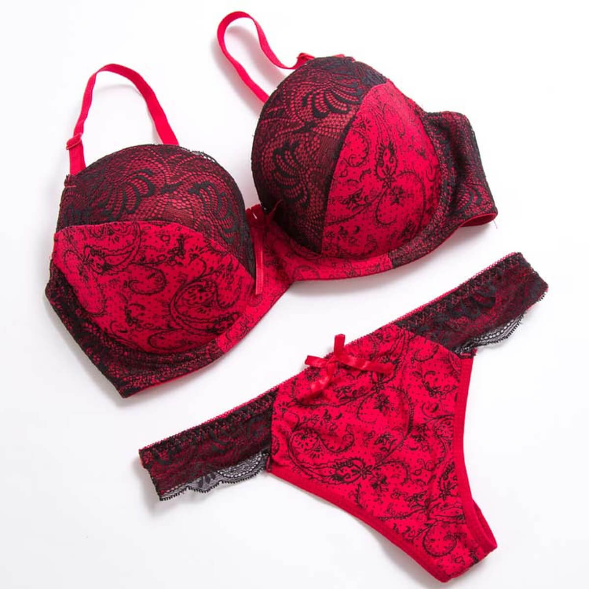 Floral Lace Underwire Bra & Thong Set - Padded Molded Cup Lingerie