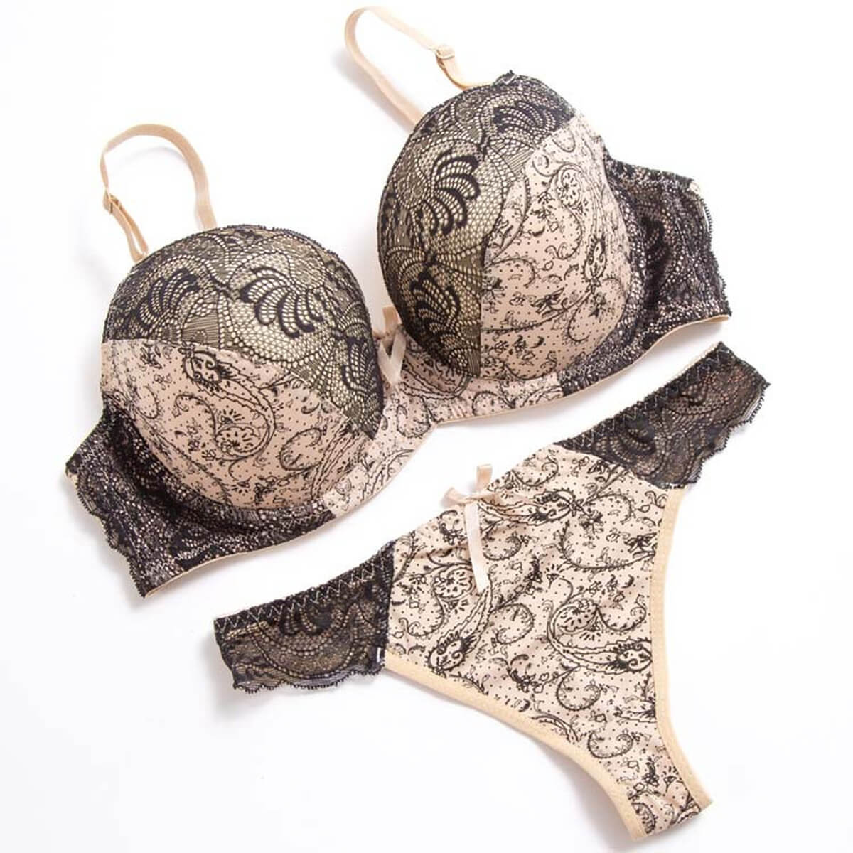 Floral Lace Underwire Bra & Thong Set - Padded Molded Cup Lingerie