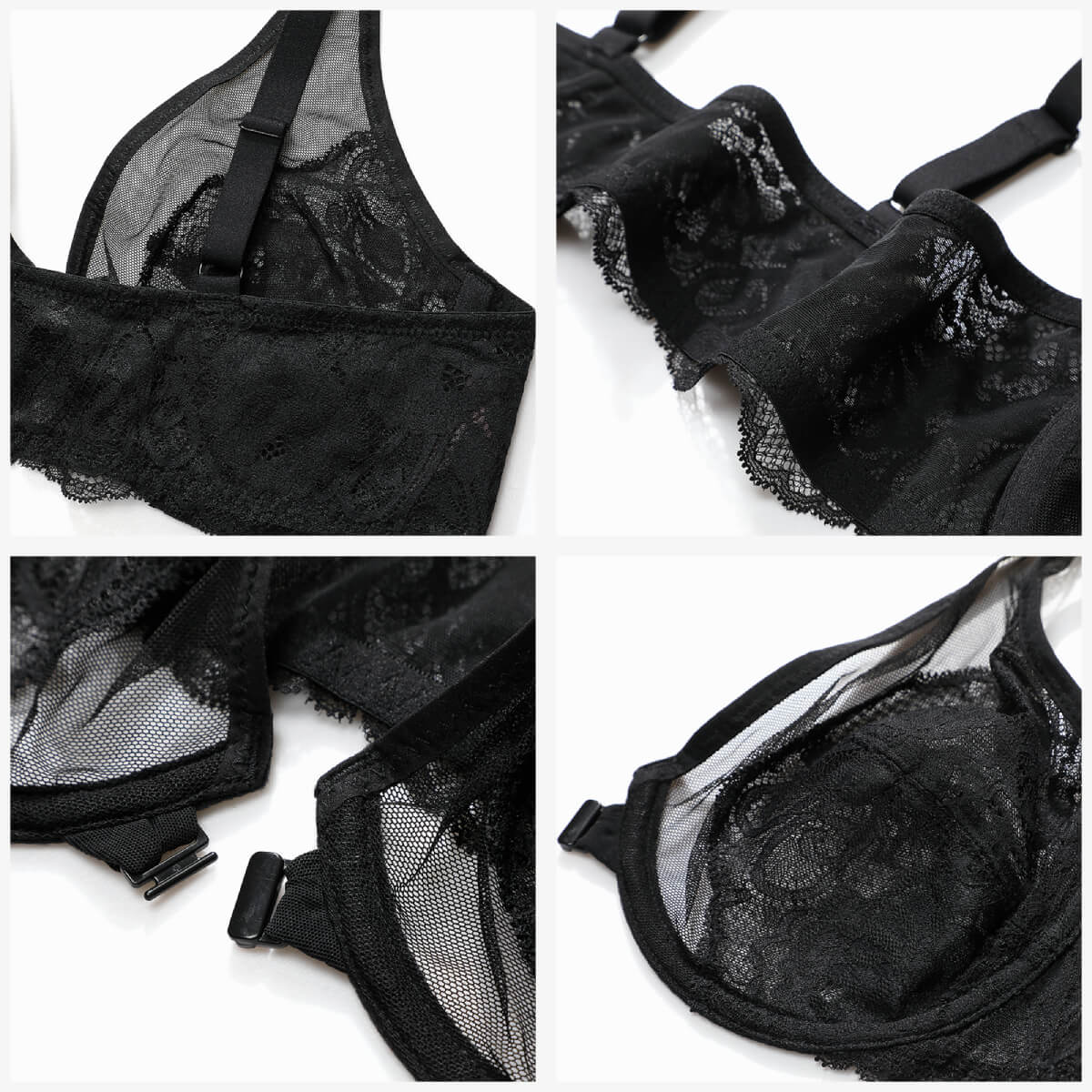 Black Floral See Through Bra   - Intimates and