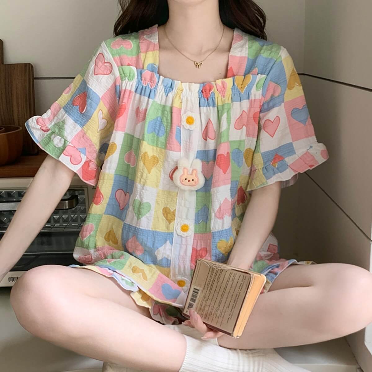 Korean Style Sweet Floral Pajama Set with Built-in Bra Pads - Ruffle Short Sleeve Loungewear 2-Piece Set