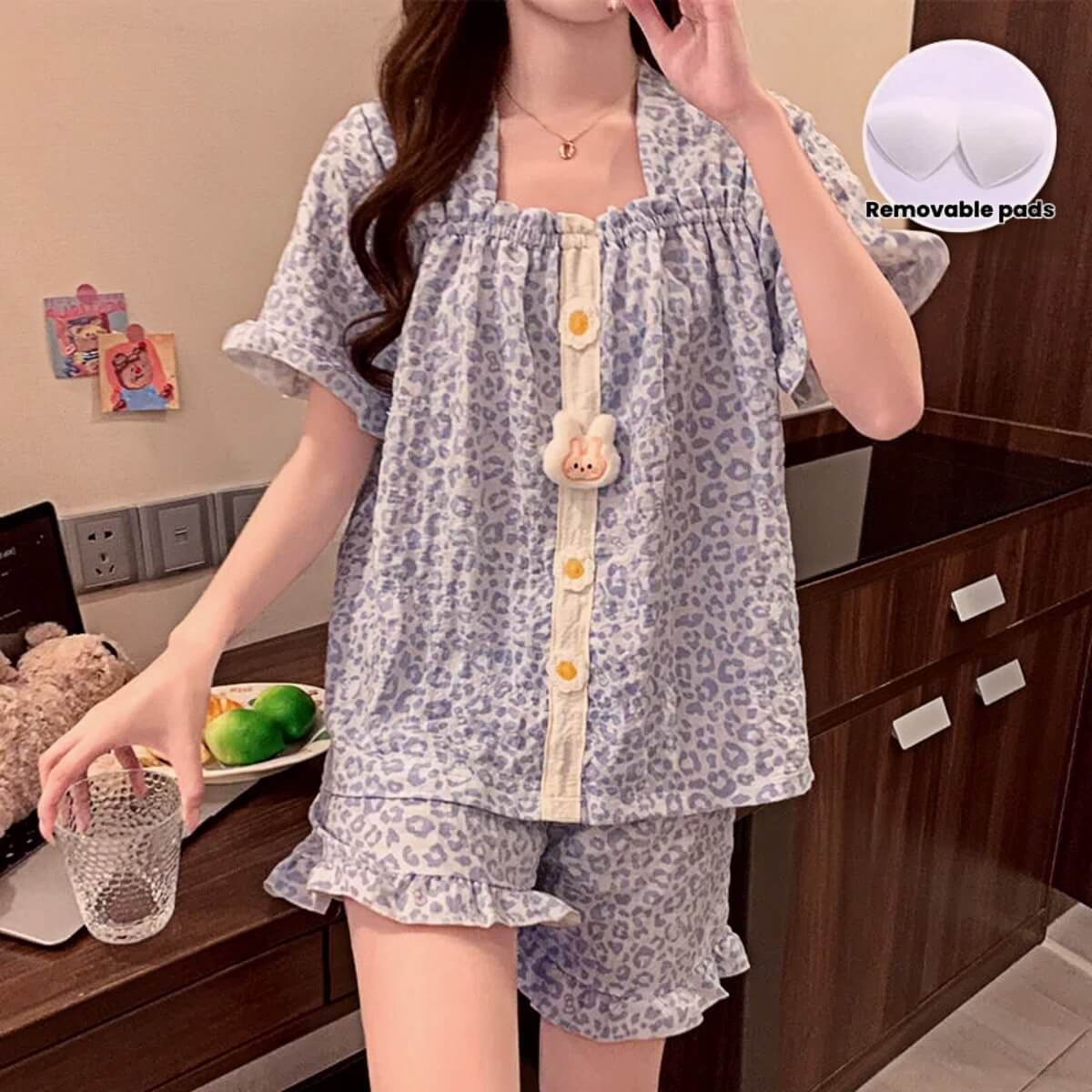 Korean Style Sweet Floral Pajama Set with Built-in Bra Pads - Ruffle Short Sleeve Loungewear 2-Piece Set