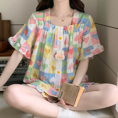 Korean Style Sweet Floral Pajama Set with Built-in Bra Pads - Ruffle Short Sleeve Loungewear 2-Piece Set