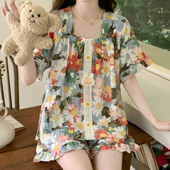 Korean Style Sweet Floral Pajama Set with Built-in Bra Pads - Ruffle Short Sleeve Loungewear 2-Piece Set