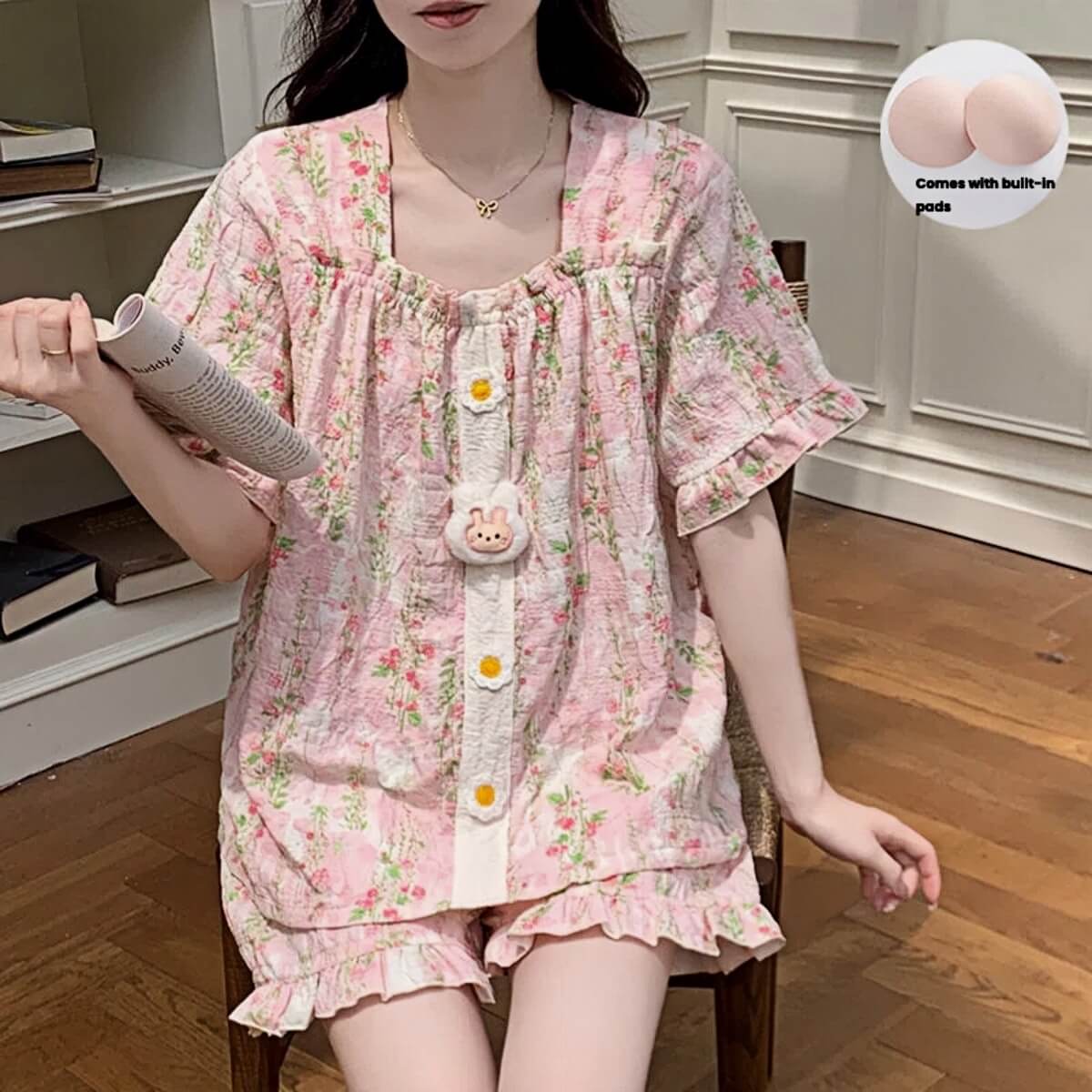 Korean Style Sweet Floral Pajama Set with Built-in Bra Pads - Ruffle Short Sleeve Loungewear 2-Piece Set