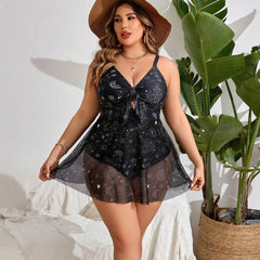 Plus Size Celestial Print V-Neck Mesh Swim Dress