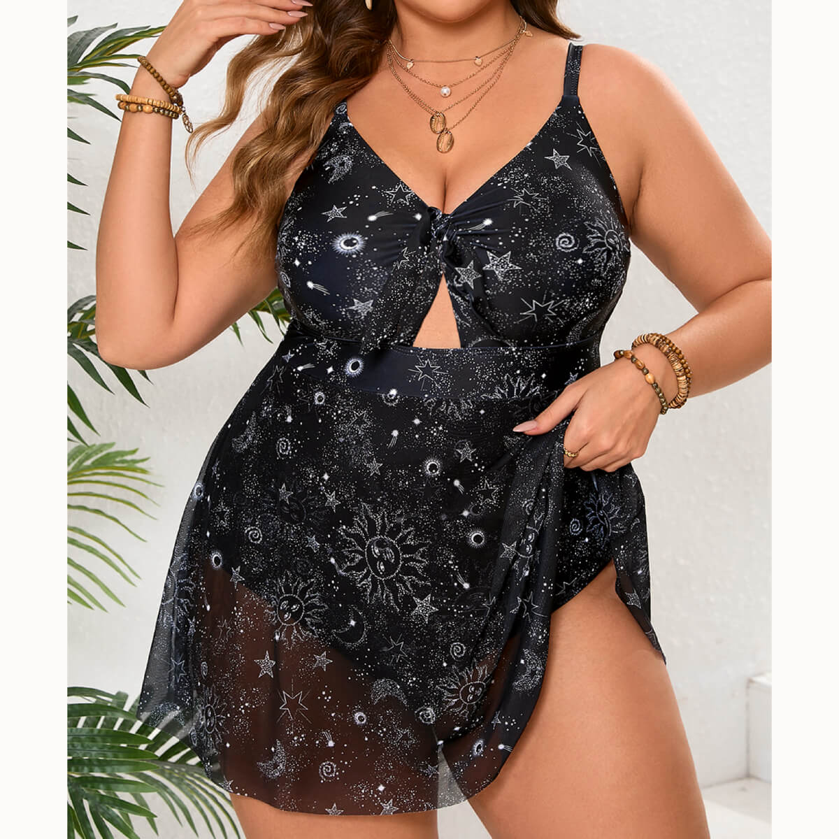 Plus Size Celestial Print V-Neck Mesh Swim Dress