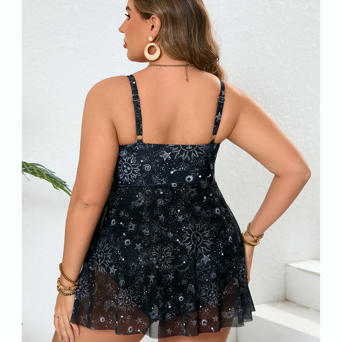 Plus Size Celestial Print V-Neck Mesh Swim Dress