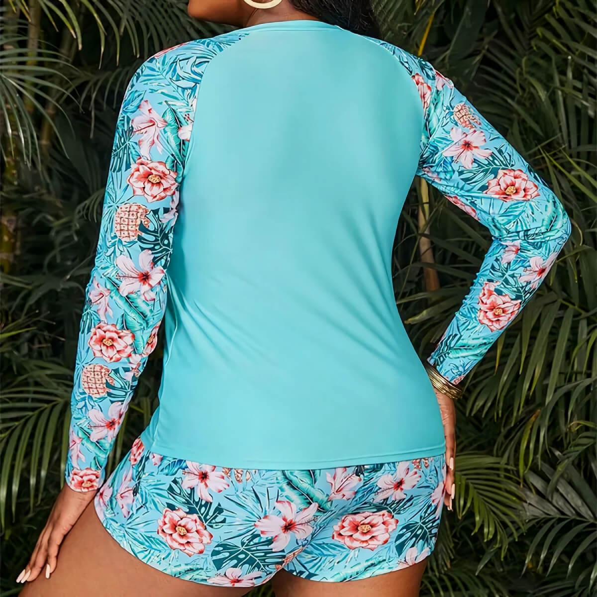 Plus Size Swimwear Women Printed Long Sleeve Swimsuit Two Piece
