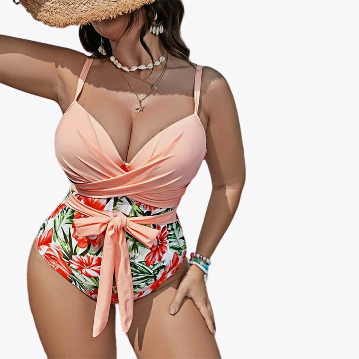 Plus Size Tropical Floral One Piece Swimsuit with Criss Cross Tummy Control