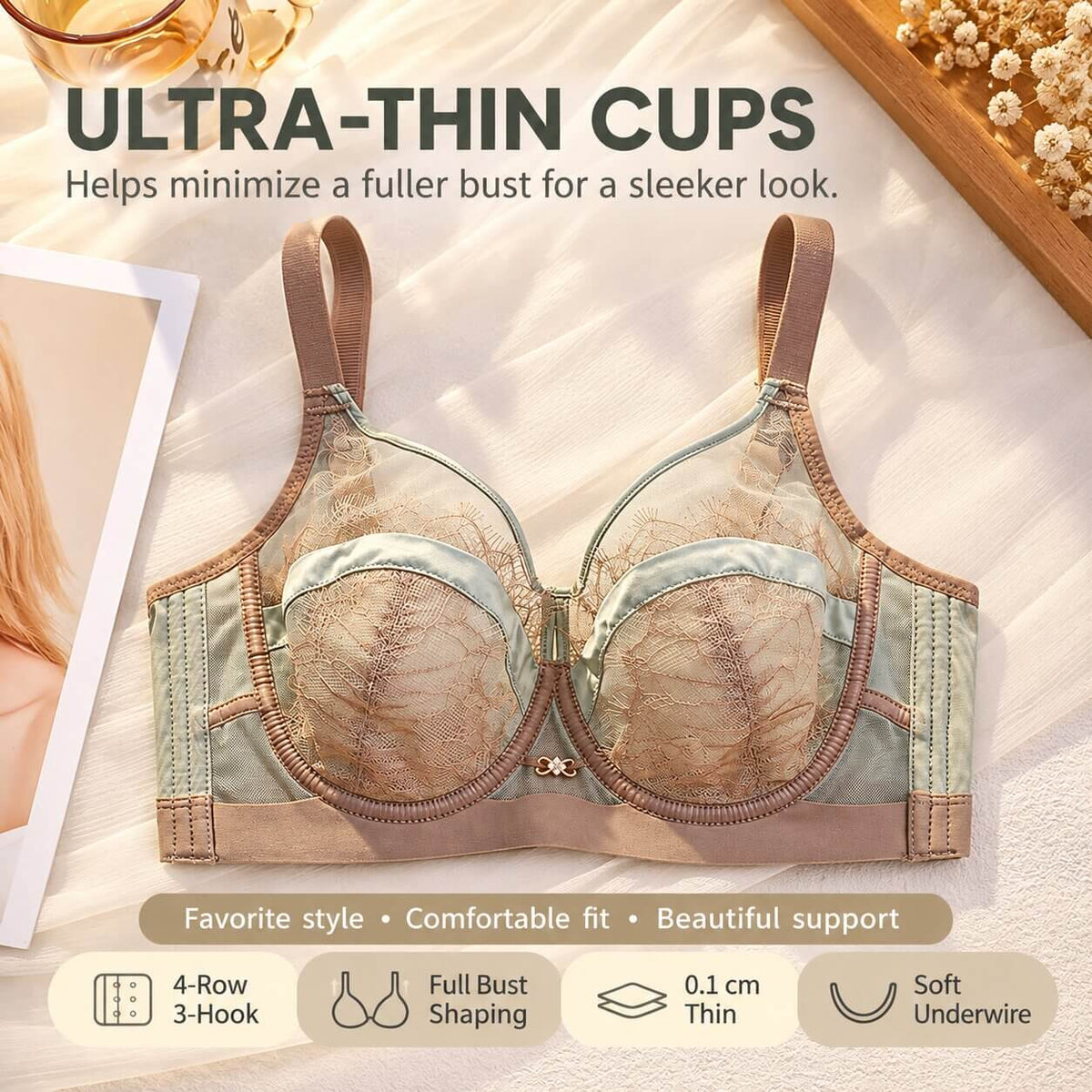 Plus Size Ultra-Thin Lace Underwire Minimizer Bra- Full Bust Support