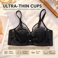 Plus Size Ultra-Thin Lace Underwire Minimizer Bra- Full Bust Support