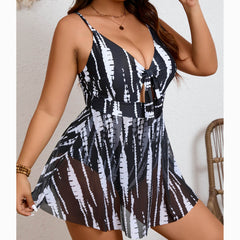 Plus Size Tie-Dye Knot Front Mesh Skirted One-Piece Swimsuit