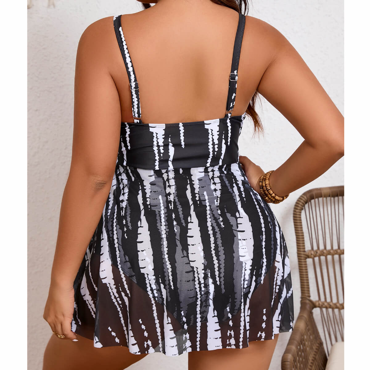 Plus Size Tie-Dye Knot Front Mesh Skirted One-Piece Swimsuit
