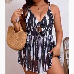 Plus Size Tie-Dye Knot Front Mesh Skirted One-Piece Swimsuit