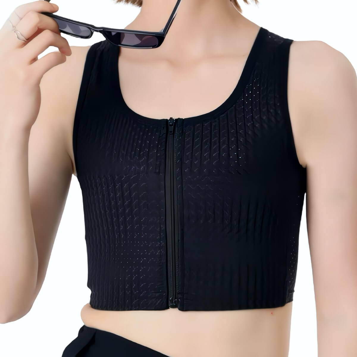 Front Zip Compression Sports Bra, Breathable Chest Binder