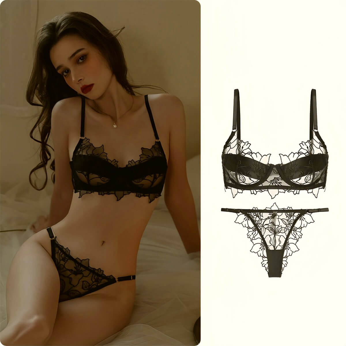 Ultra-Sheer Lace Bra Panty Set: Breathable Push-Up for Full-Bust Minimizer, Lightweight ABC Cup Lingerie