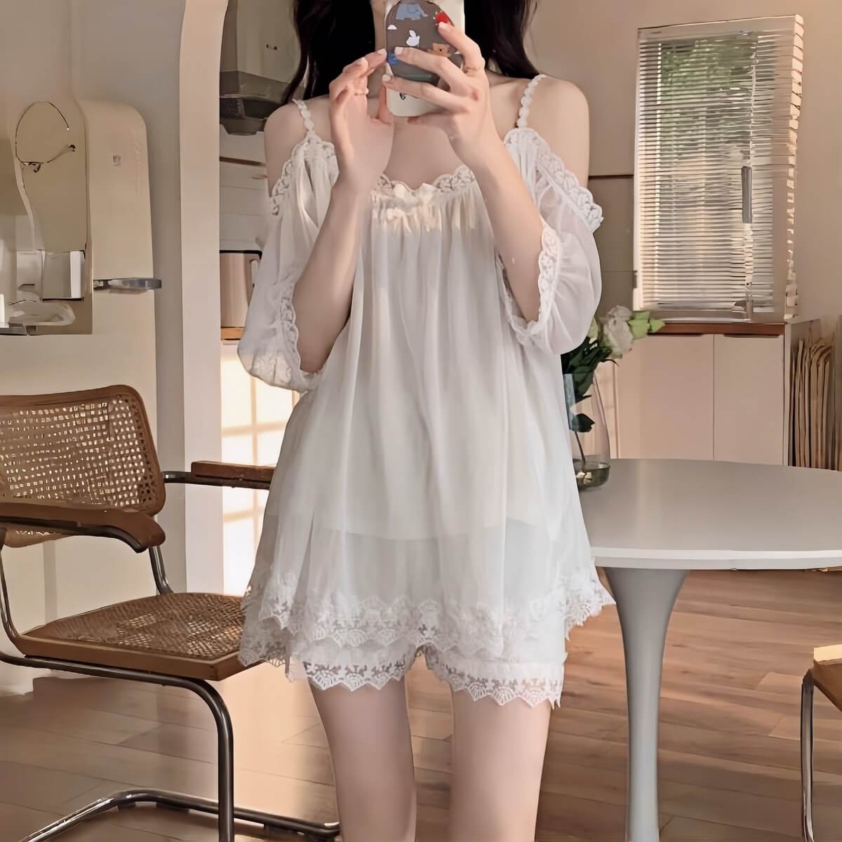 Ultra-Soft Modal Pajama Set with Built-in Pads & Lace Trim - Cold Shoulder Loungewear