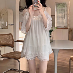Ultra-Soft Modal Pajama Set with Built-in Pads & Lace Trim - Cold Shoulder Loungewear