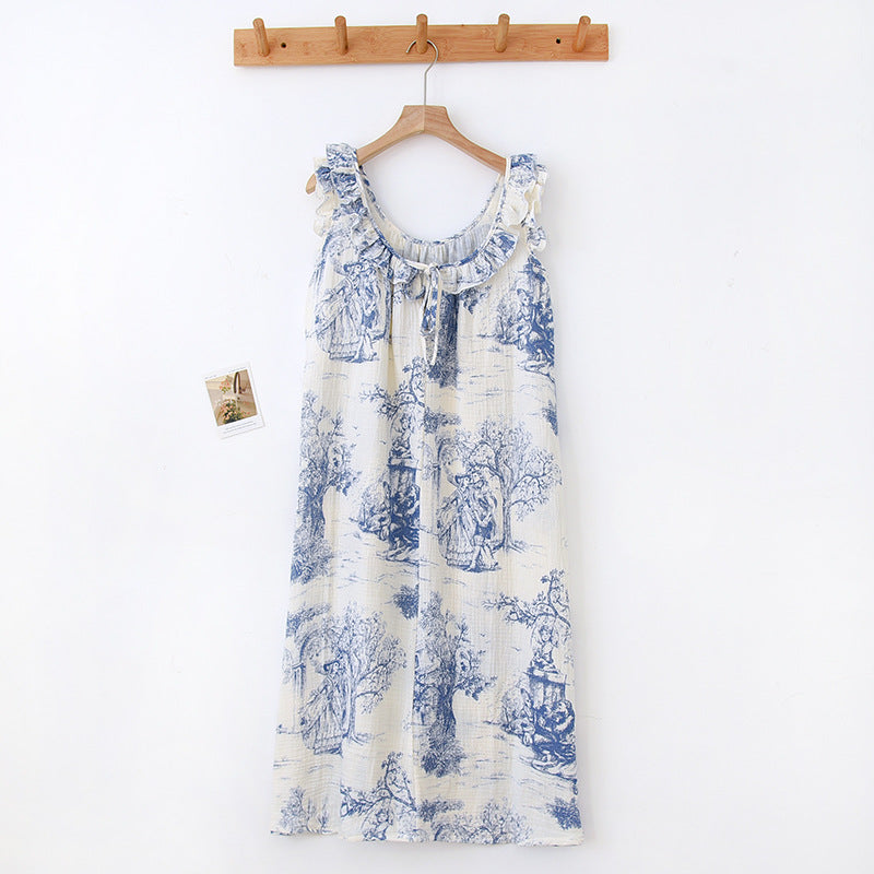 Vintage Toile de Jouy Ruffle Sleeveless Nightgown