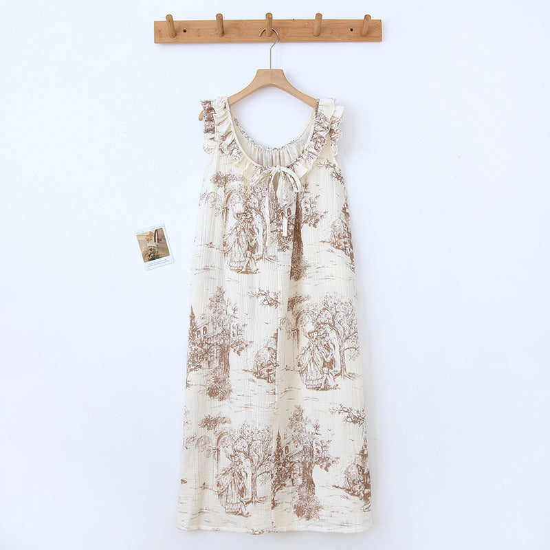 Vintage Toile de Jouy Ruffle Sleeveless Nightgown