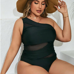 Women's One-Shoulder Mesh Cutout One-Piece Swimsuit - Tummy Control Ruched Bathing Suit