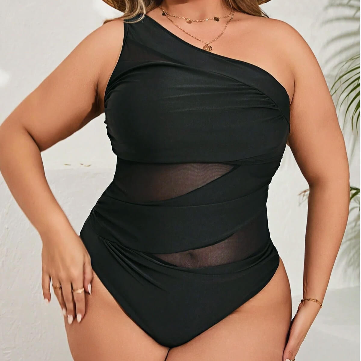 Women's One-Shoulder Mesh Cutout One-Piece Swimsuit - Tummy Control Ruched Bathing Suit