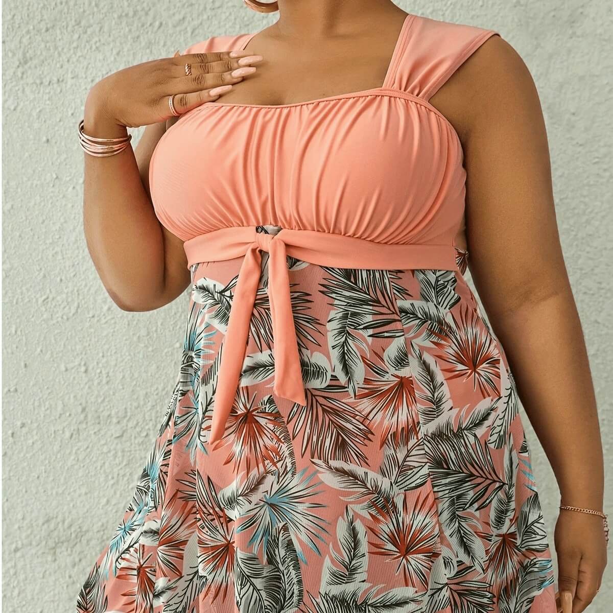 Women's Plus Size Floral Print Tankini Set, Mesh Swim Dress with Shorts, Tummy Control Beachwear