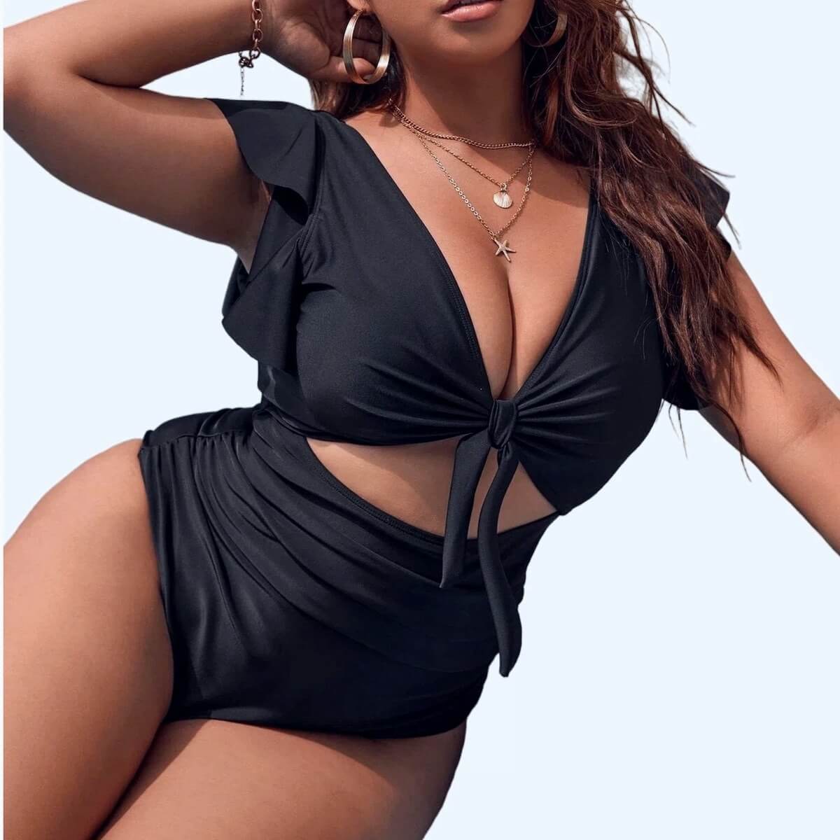 Women's Ruffle Sleeve Cutout One-Piece Swimsuit - V-Neck Tummy Control Monokini