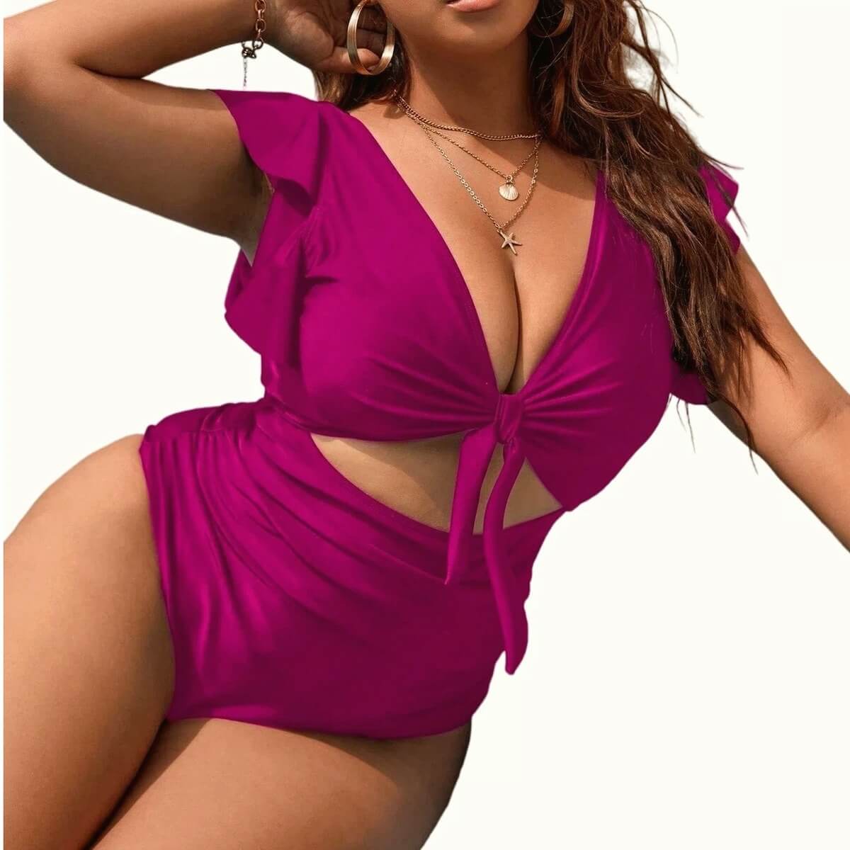 Women's Ruffle Sleeve Cutout One-Piece Swimsuit - V-Neck Tummy Control Monokini