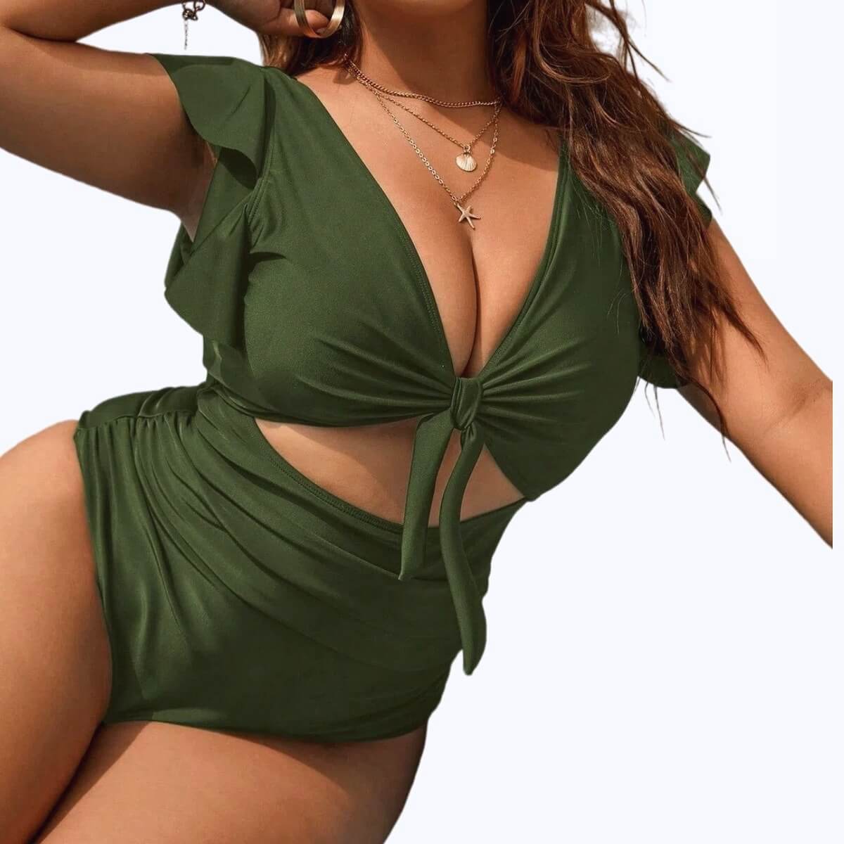 Women's Ruffle Sleeve Cutout One-Piece Swimsuit - V-Neck Tummy Control Monokini
