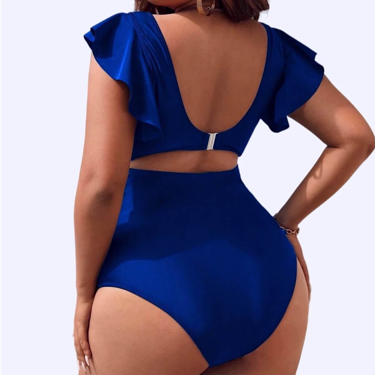 Women's Ruffle Sleeve Cutout One-Piece Swimsuit - V-Neck Tummy Control Monokini
