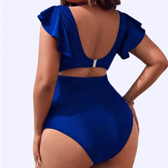 Women's Ruffle Sleeve Cutout One-Piece Swimsuit - V-Neck Tummy Control Monokini