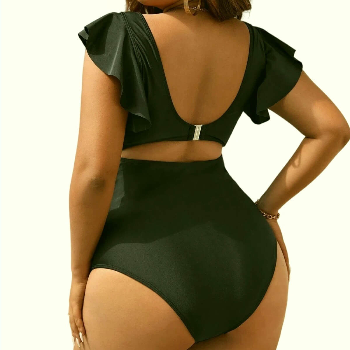 Women's Ruffle Sleeve Cutout One-Piece Swimsuit - V-Neck Tummy Control Monokini