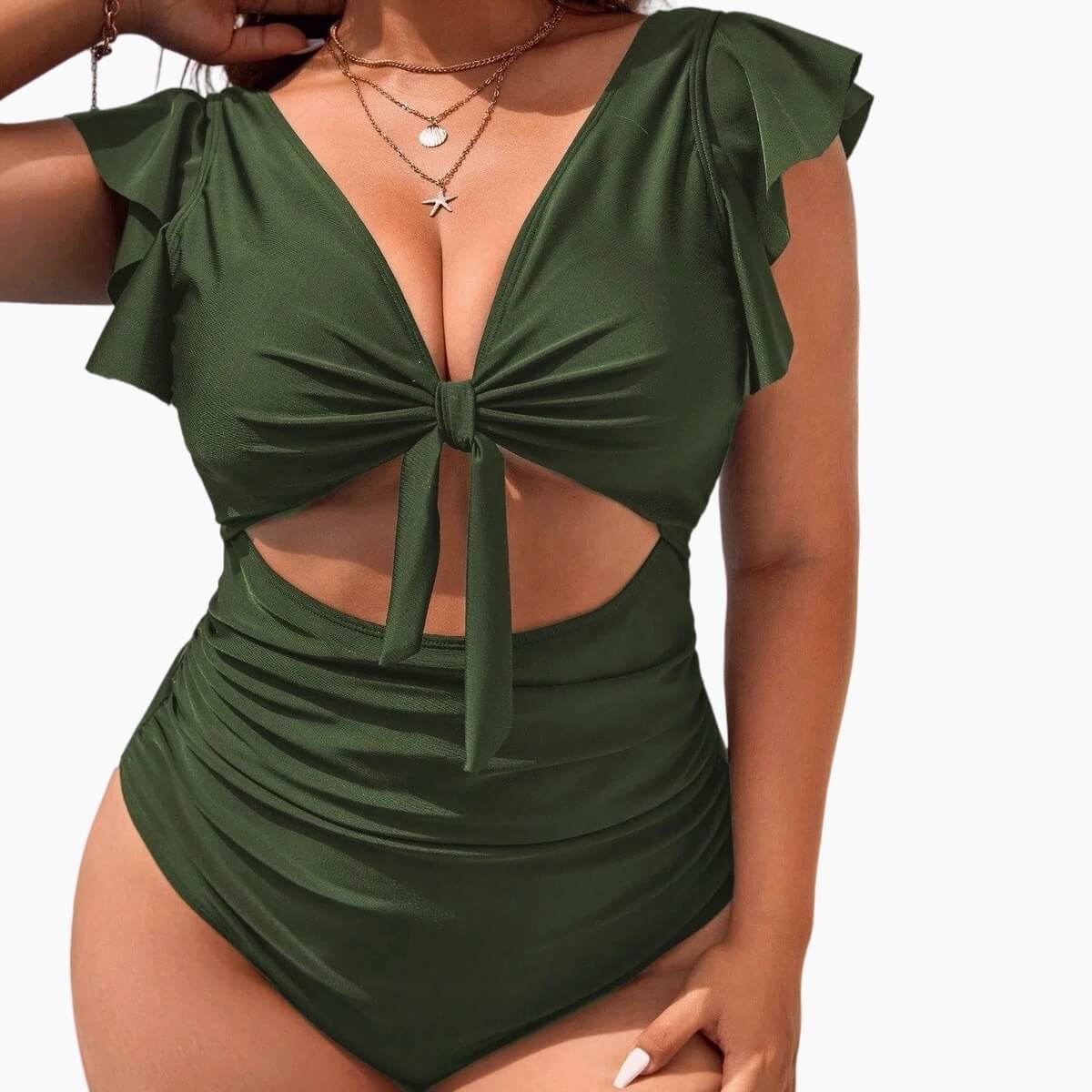 Women's Ruffle Sleeve Cutout One-Piece Swimsuit - V-Neck Tummy Control Monokini