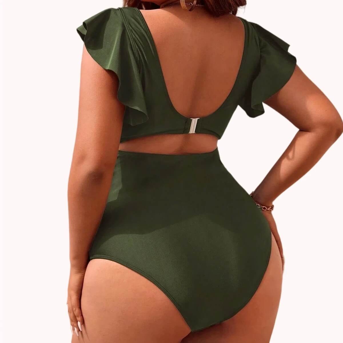 Women's Ruffle Sleeve Cutout One-Piece Swimsuit - V-Neck Tummy Control Monokini